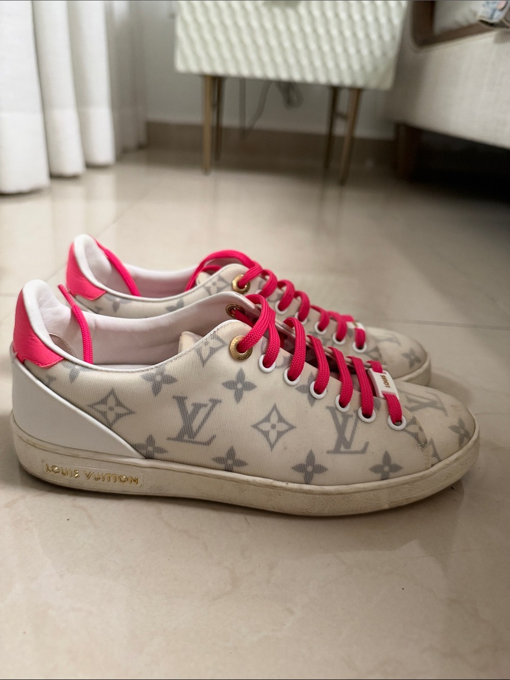 Louis Vuitton White Monogram Canvas Sneakers with Hot Pink Laces